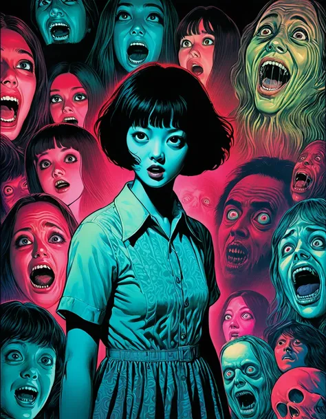 an illustration、art、70s horror movie posters, supervised by junji ito、high detail, realistic shadows、analog style, chromatic abe...