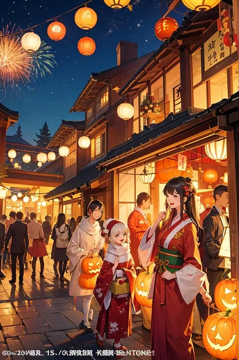 at the christmas event venue、japanese festival lanterns and halloween pumpkins hang from above。the venue was decorated with fire...