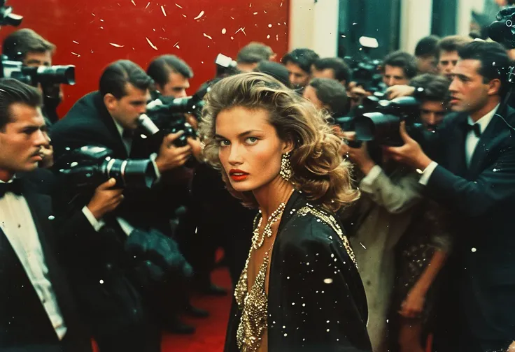 35mm vintage photo of, a supermodel on red carpet surrounded by aggressive paparazzi,