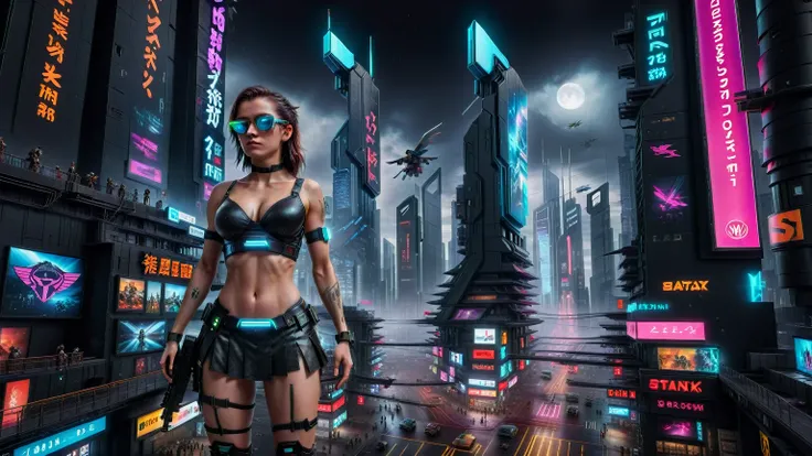 (((aerial view))) image of a cyberpunk cityscape, (((all-glass))) towering skyscrapers, a lot of neon lights and holographic bil...