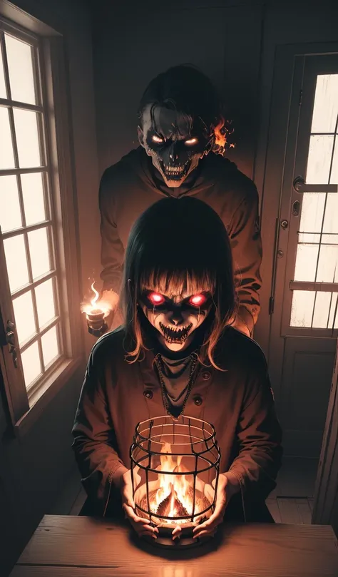 (anime, digital paint, 1 girl frees 1 boy from a wooden cage, scared expression, evil and scary old woman on fire in the backgro...