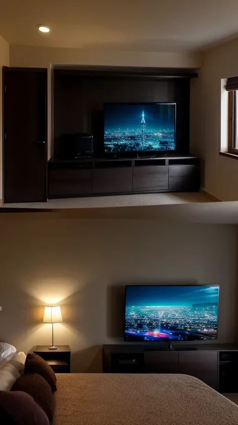 A simple room with a TV playing a movie, the room is very dark at night, the view from the bed to the TV