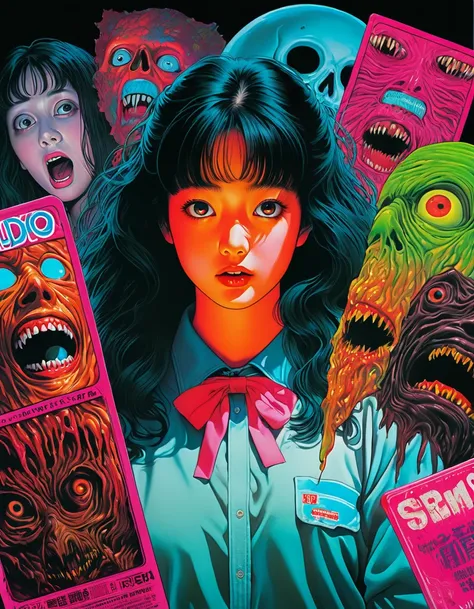 an illustration、art、80s horror movie posters, supervised by junji ito、high detail, realistic shadows、analog style, chromatic abe...