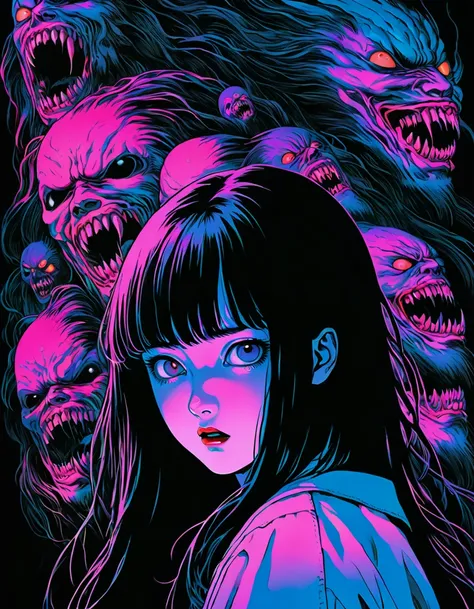 illust、art、from 80s horror movie, directed by junji ito、evil spirits、vengeful spirit、high detail, realsitic shadow、analog style,...