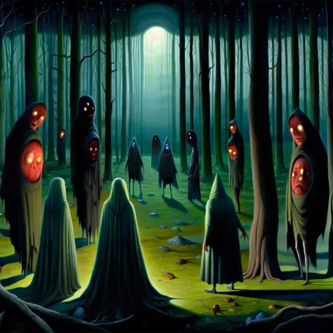 surreal-xl, absurd, bizarre, eerie, fanciful, fantastic, ludicrous, Shadow people watching us inside a dark horror forest, heroi...