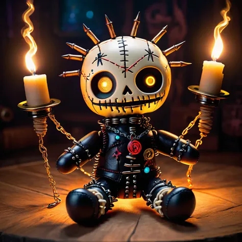 (knitted toy voodoo doll:1.9), (voodoo pinhead:1.3), (clothing: leather outfit with glowing pain symbols:1.0), (accessories: enc...