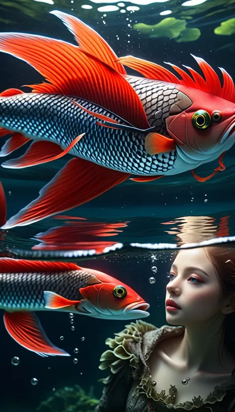 There is a red fish in the water，Has a human face，Mysterious Creatures, shrike, (best quality，4K，8K，High level，masterpiece：1.2），...