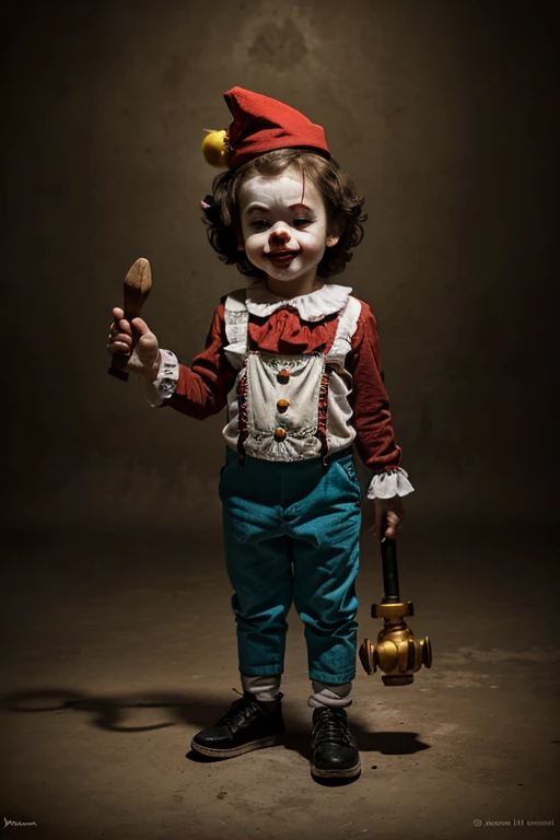 little clown has a hammer in his hands, full body
