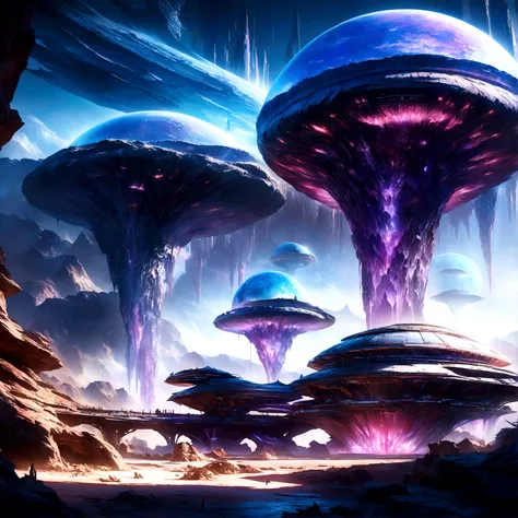 a highly detailed and futuristic alien planet, intricate sci-fi architecture, glowing crystalline formations, vivid purple and b...