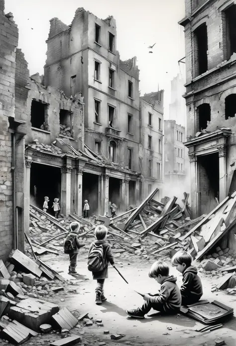 "children playing innocently amongst ruins. pencil drawing style, banksy-esque street art. collapsed buildings and graffiti in t...