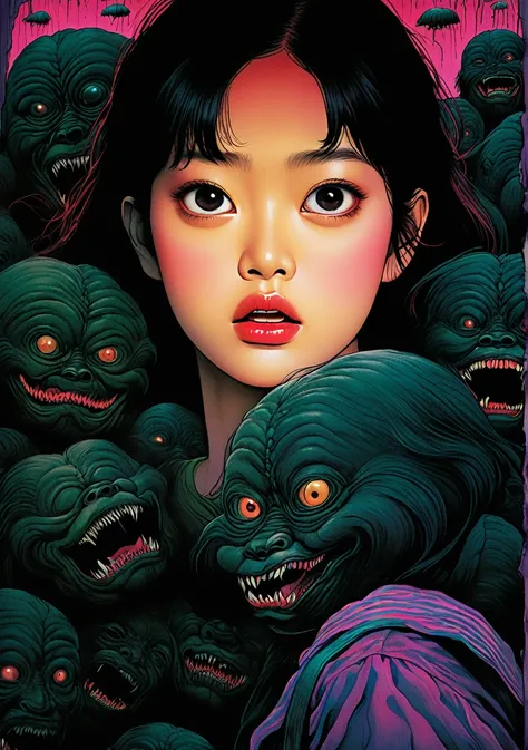 an illustration、art、80s thai horror movie poster, fear、girl、supervised by junji ito、high detail, realistic shadows、analog style,...