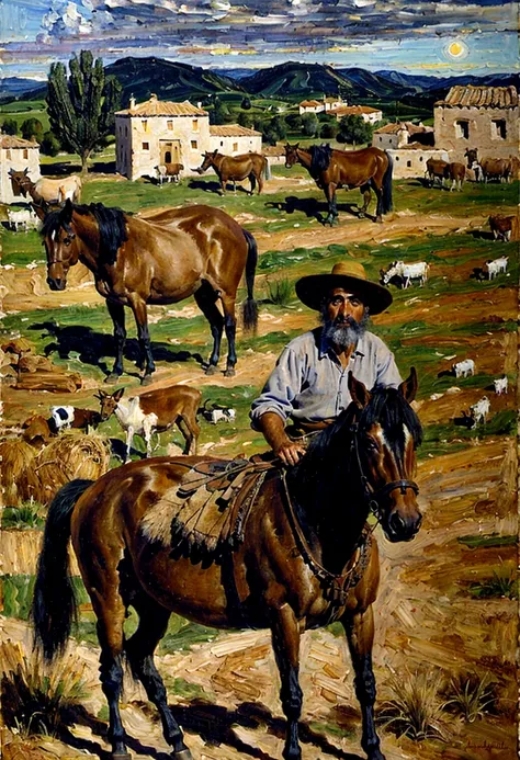 a spanish man painting a realistic painting of landscape of a village with herds and sunrise time on canvas
