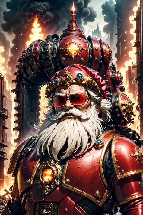 warhammer 40k universe,santa claus,red and gold mechanized armor suit,glowing sunglasses,war-torn environment,destroyed building...