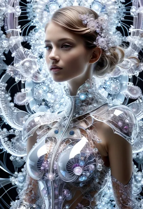 in the style of megan hess,(in the style of nick veasey:0.6),shiny translucent mandelbrot armor, fractal,1girl,