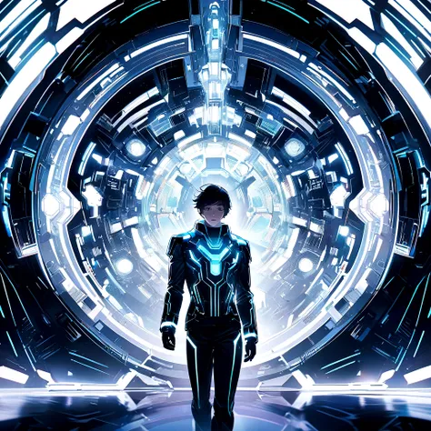 generate an image similar to disney's tron, but with light only with the color white, a futuristic image that represents technol...