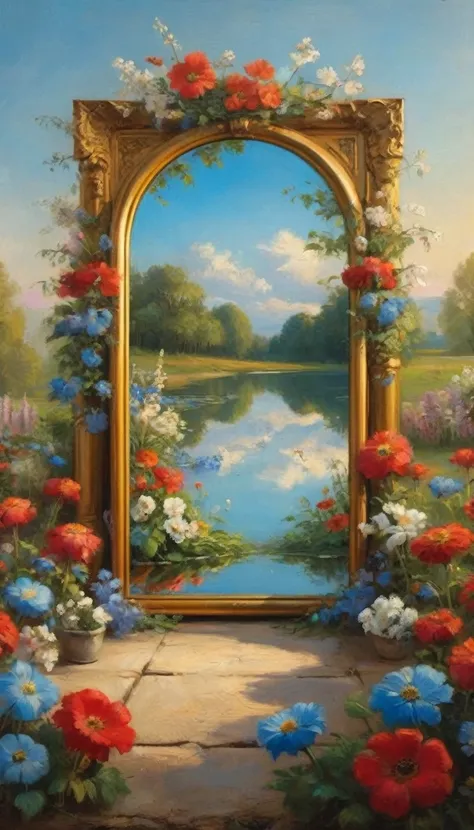 flowers grow out of a large mirror，there are flowers and plants all around，classical，spring garden，red，blue，gold，dreamlike scene...