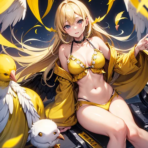 high quality、yellow chicks、personification、1 girl、sexy f cup、the chest is exposed.blonde girl.the face has a beak like a chick、c...