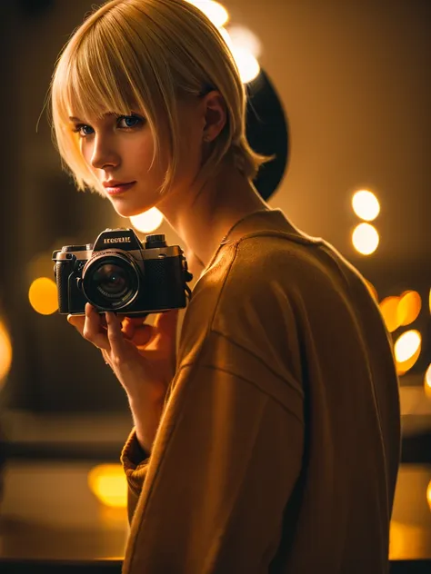 a man with blonde hair holding a camera,beautiful woman with brown hair from behind,8k,high quality,highly detailed,realistic,ph...