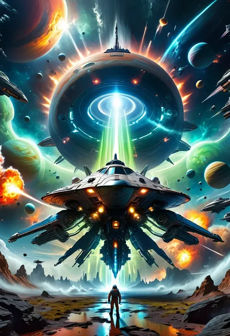 an intense futuristic space battle between astronauts and alien alien spaceship, ufo,have a giant planet, rotating cosmic energy...