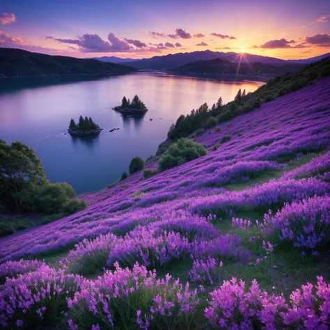 Beautiful landscape, sky, light, water, purple