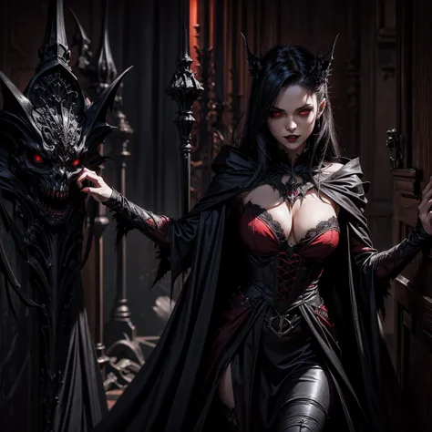 a sexy dark vampire has her arms open at her sides, bats with red eyes and sharp teeth emerge from her cloak, in the background ...