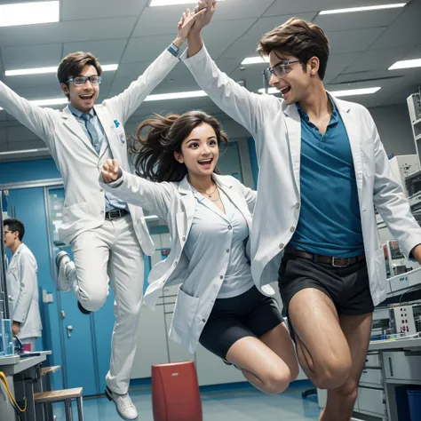 male and female scientists in lab are happy and jumping  as they achieve success and dancing too in the hall