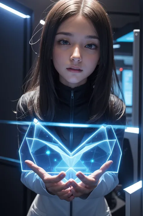 a scientist interacts with a holographic ai interface.