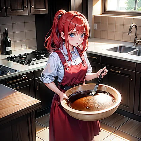 kitchen、bowl of brown liquid、 redhead, 16-year-old girl, spatula in hand, highest quality, ultra-high resolution, high resolutio...