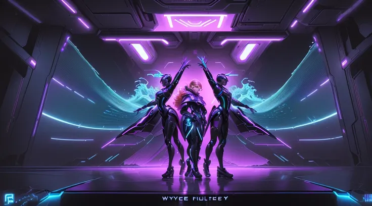 a poster featuring dancers in a futuristic environment, album art, ( ( ( synthetic wave ) ) ),  official art, 🕹️ 😎 🔫 🤖 🚬, promo,...