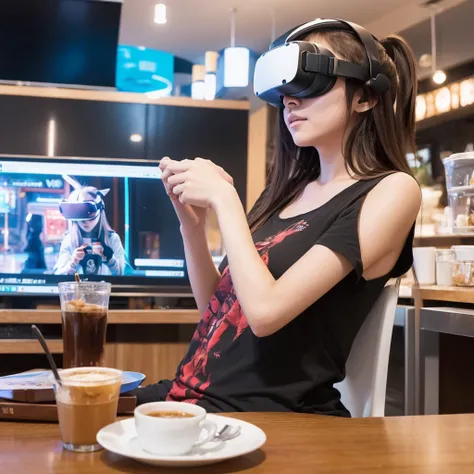 draw an illustration of someone wearing vr goggles watching 3d anime characters in a cafe.