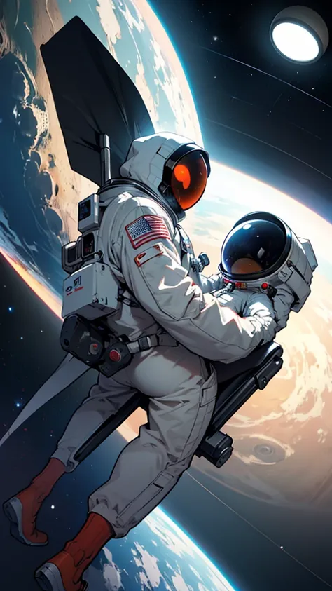 an anthropomorphic spider astronaut with spider legs in his back, looking at earth, on top of a spaceships that looks like satur...