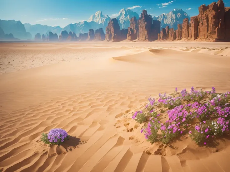 flowers growing in the sand of a desert with mountains in the background, desert flowers, in the desert beside the gulf, incredi...