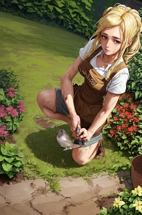 ((female, blonde hair, brown eyes, in a garden, wearing dirty apron and shorts, on knees, , trowel in hand, gardener, 4k, great ...