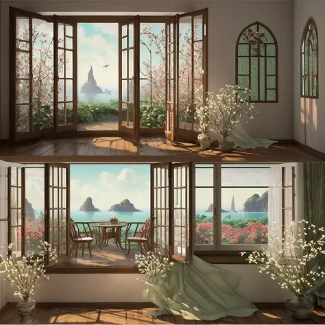 there is a realistic details room with a large window and a bunch of cherry flowers, open real window ib background, photo of a ...