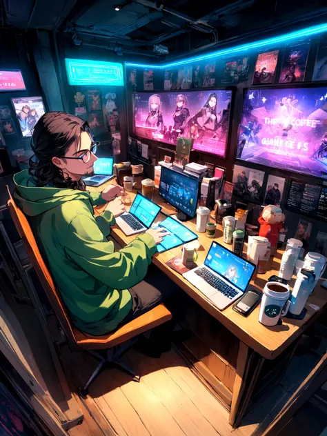 original, wide-angle, in a bright cafe、a man wearing glasses is smiling and sitting in a chair in front of a futuristic laptop。....