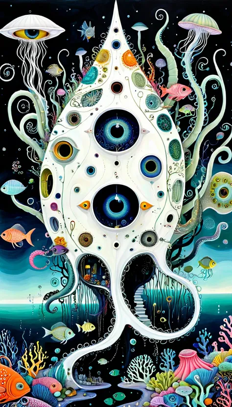 &quot;dick ellescas artist style&quot;,a strange house on a calm sea，fish，tentacles，eye、diatom，stitching together an abstract pa...