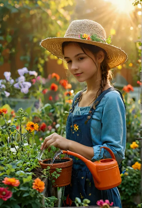 a beautiful girl watering the garden