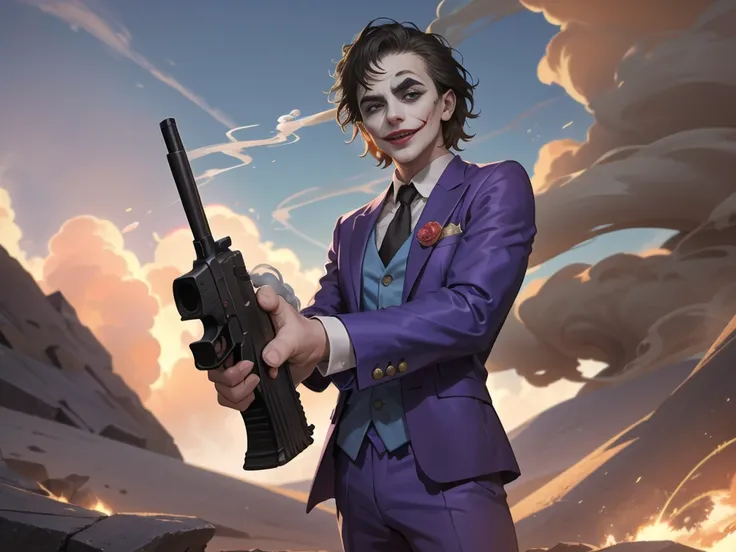 Masterpiece, best quality, The Joker wears a purple suit., , look at viewer, Aim the gun., ถือpistol, look at viewer, stand, , (...