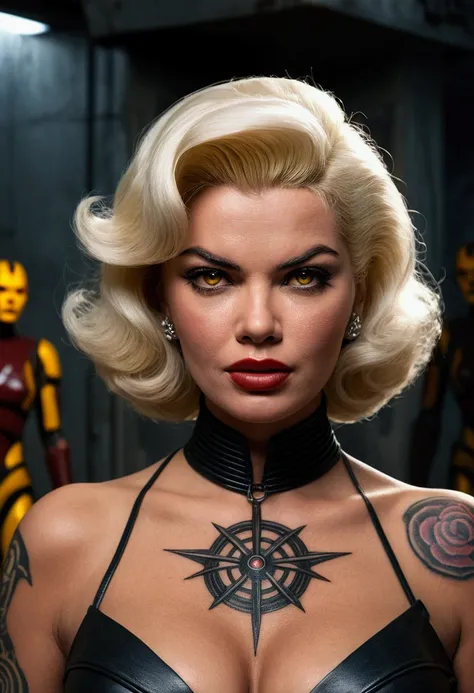 (Jayne Mansfield, age 25, dark sith warrior, evil tattoos, yellow eyes, cybernetics, evil pose), inside a scifi building battle ...