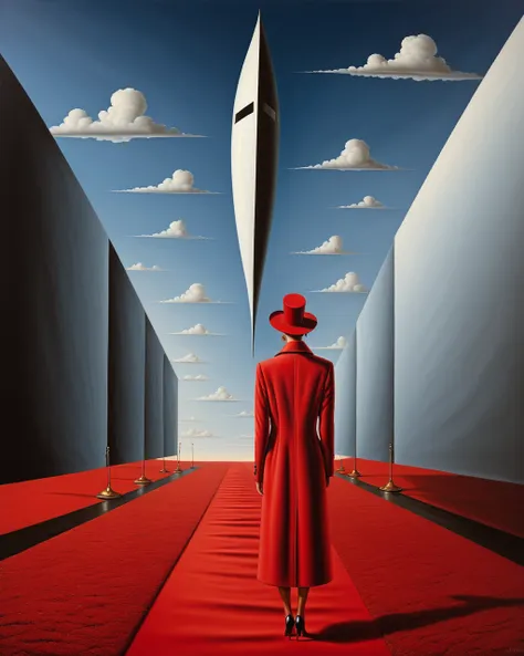 surrealist art in the style of rafal olbinski,rafal olbinski style,art by rafal olbinski,rafal olbinskia red coat on a red carpe...