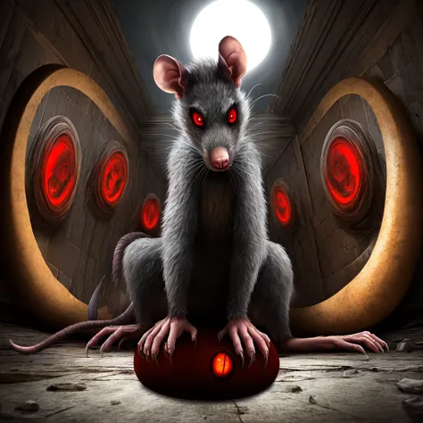 ((perspective horror very scary, Big scary gray rat animal with red eyes, Ultra detailed fur and everything else, she sits on a ...