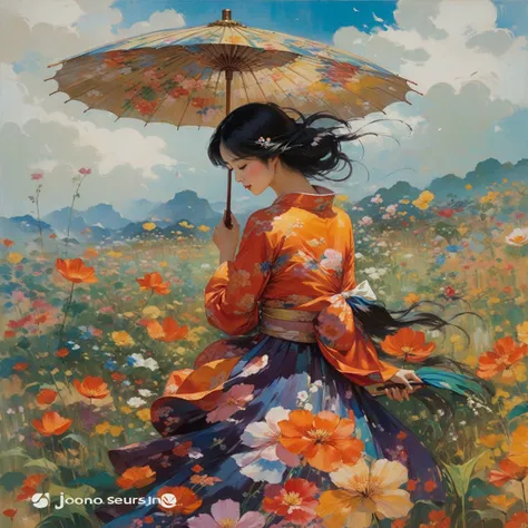 painting of a woman in the flower field holding an umbrella, jan j, by jeong seon, jin non, chen lin, written by xie sun, kim wh...