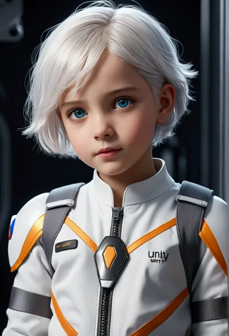 a cute 9 years old girl with short white hair wearing a color flight suit, beautiful detailed eyes, shiny high-quality details, ...