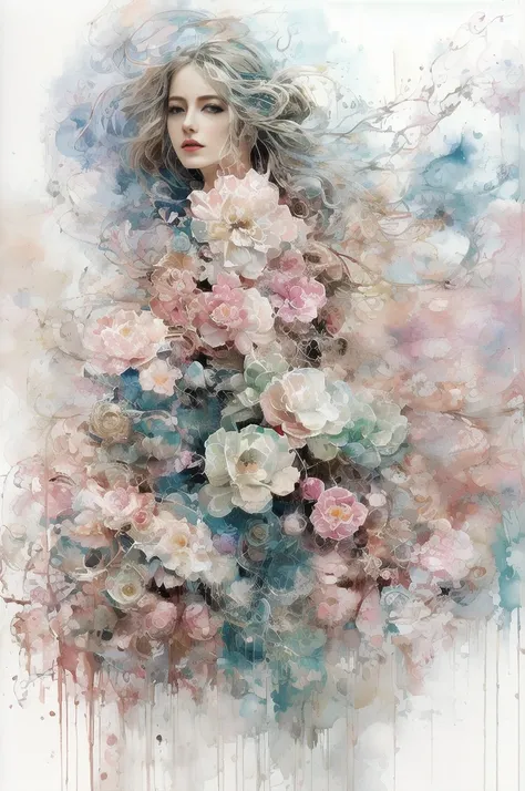 abstract steampunk sage woman, beautiful woman、a wonderful garden, pink and sky blue, watercolor painting on white canvas, famil...