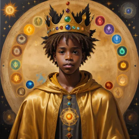 black boy with his back, shorth hair (scrached), with a crown on his head and a cedar, with a golden cloak with the 7 chakras, l...