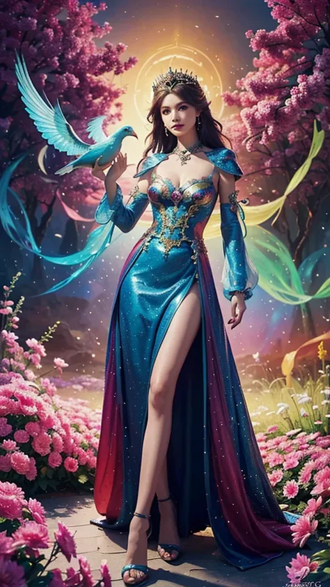 a woman in a colorful dress holding a large bird, 8k high quality detailed art, a beautiful fantasy empress, detailed digital, ,...