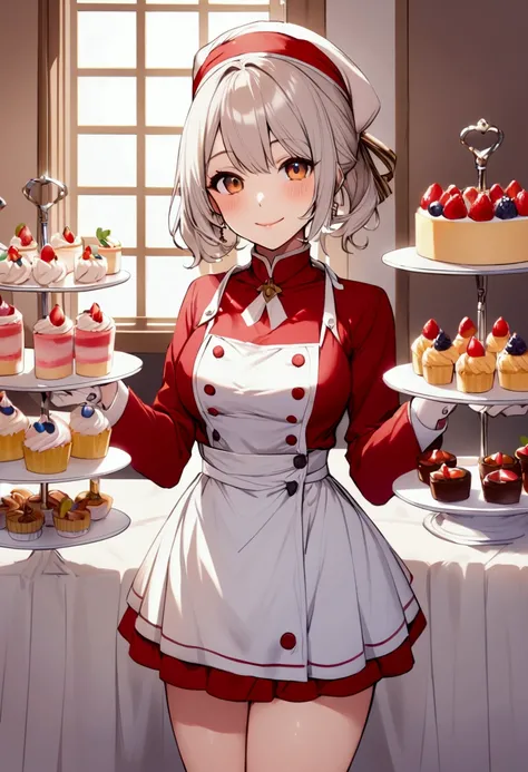 a smiling patissier selling cakes, high resolution,highest quality,