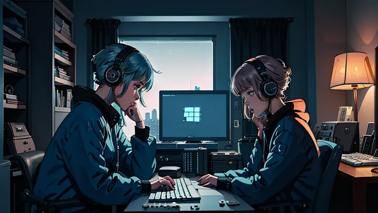 lofistudy,lofi , one girl, from the side, typing, blue head, blue eyes, chair, computer, headphones, indoor, keyboard_\(computer...