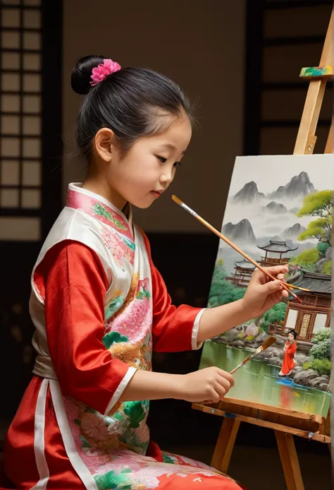 the little oriental girl is painting a warm family atmosphere. picture size 16:9