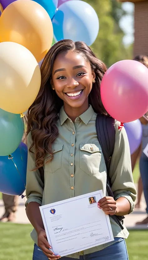 A young woman holding a college acceptance letter with a beaming smile. Around her, her family hugs her and celebrates, with tea...